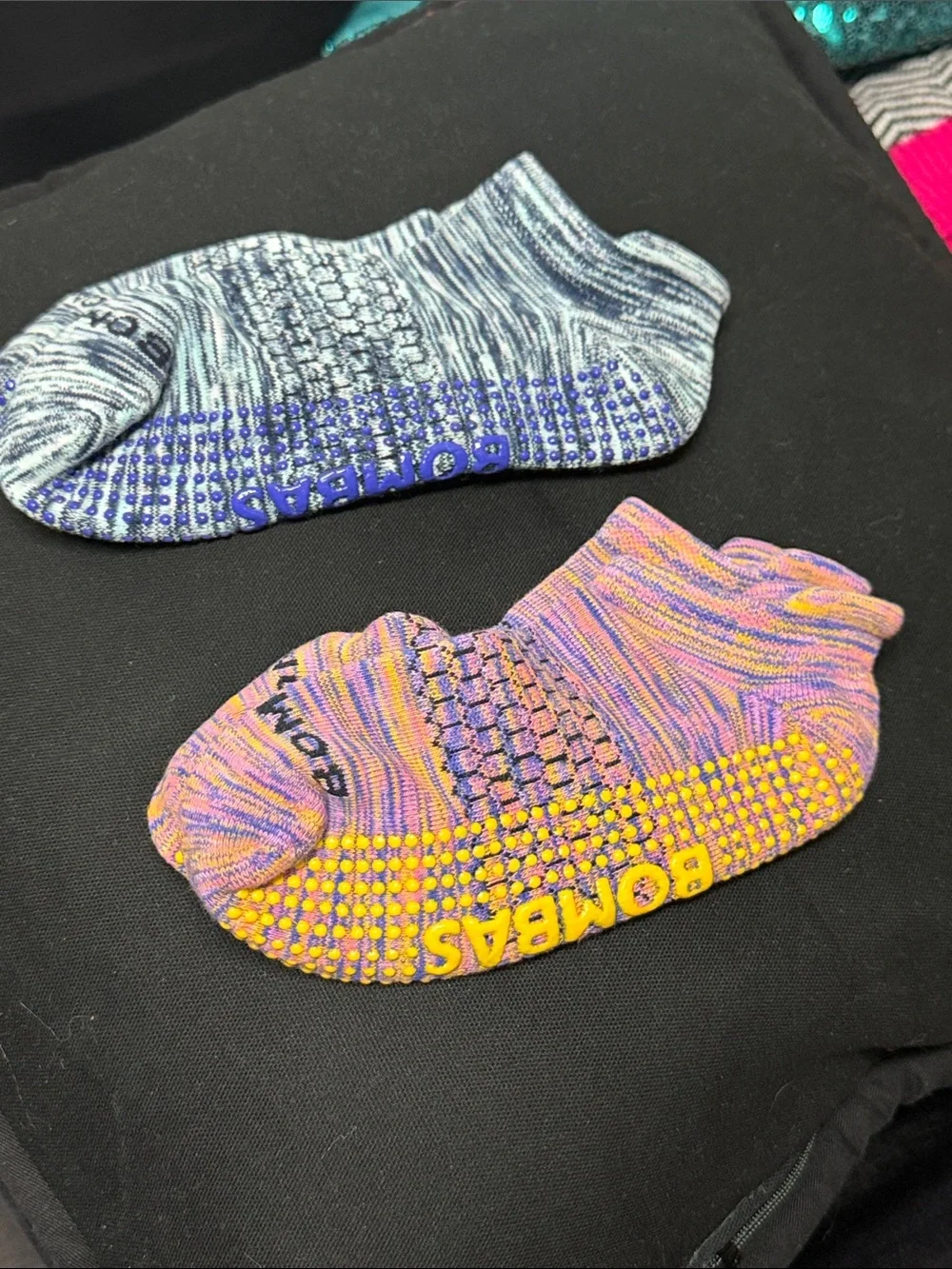 Bombas  Ankle Grip Socks in Purple/Yellow and Blue/Gray